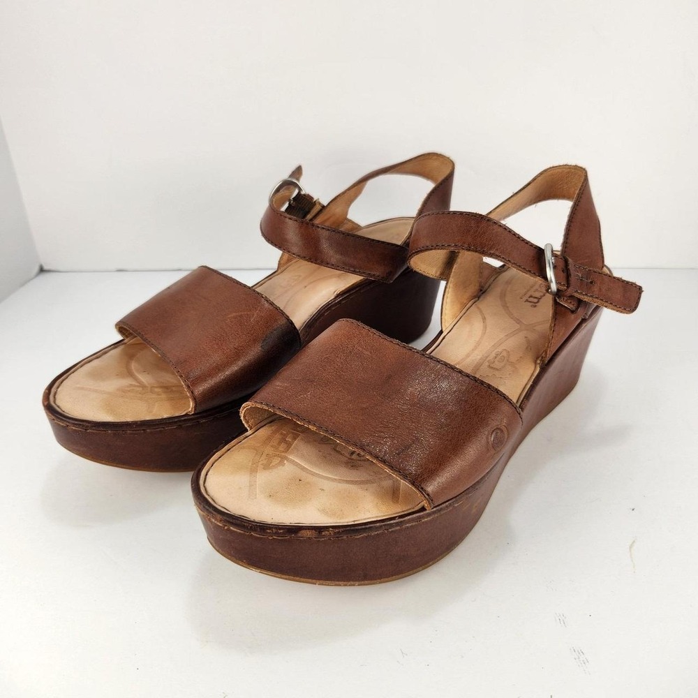 Born Leather Platform Wedge Sandals Brown Ankle Strap Comfort Women's Size 11